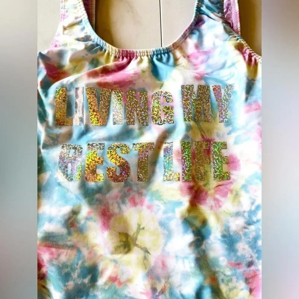 Anthropologie PilyQ living my best life, tie-dye rainbow, one piece groovy swim